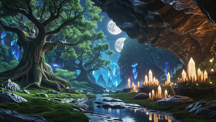 Enchanted forest landscape with crystal caves and two moons above a stream