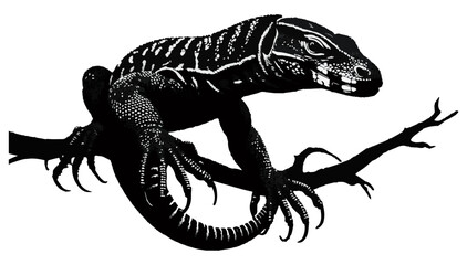 Black and white silhouette of a monitor lizard on a tree on a white isolated background. Vector graphics. EPS.