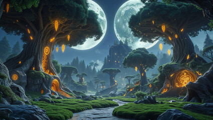 Enchanted forest landscape with magical trees and glowing lights under moonlight