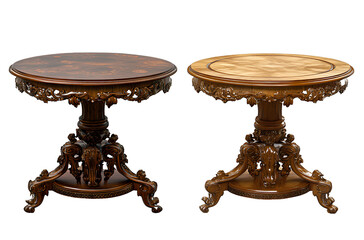 Two tables, one with an ornate base and the other without, on a transparent background png 