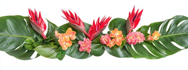 Fototapeta premium Red Ginger flowers and bird of paradise flowers with tropical leaves in floral arrangement isolated on white background 
