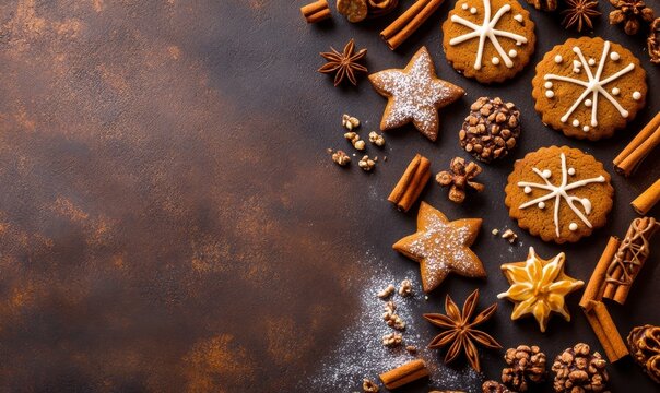 Festive Gingerbread Cookies with Spices on Rustic Wooden Table