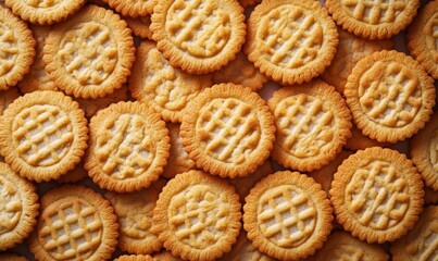 Golden Round Cookies with Gridded Texture on White Background