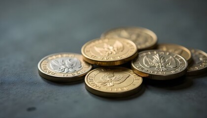 selective focus of ukrainian coins on grey blurred background