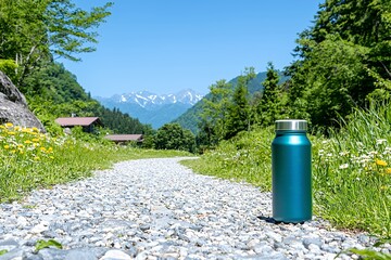Turquoise Water Bottle on Stone Path with Greenery and Distant Mountain Peaks