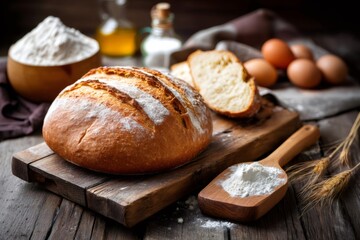 Fototapeta premium Freshly baked loaf of bread with flour and eggs on rustic wooden table
