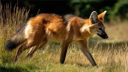 Fototapeta premium Maned Wolf Strolling Through Grassy Field