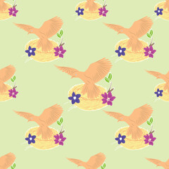 Grace takes flight in this serene pattern featuring soft-toned birds settling into golden nests, adorned with vibrant blossoms and fresh green leaves — a perfect pick for spring-inspired textiles.