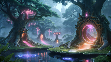 Enchanted forest with glowing trees and portals along a tranquil river