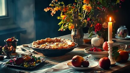 Cozy candlelit autumn dinner with freshly baked pie and vibrant floral decor - Powered by Adobe
