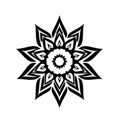 Black and white floral mandala design for coloring pages and tattoo art with heart and flower elements