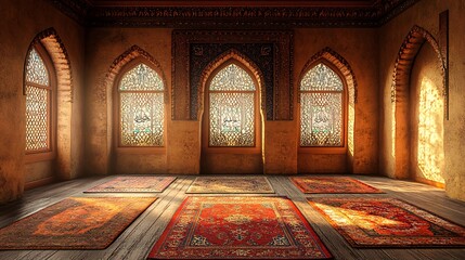 Obraz premium Sunlit prayer room, ornate arches, Middle Eastern architecture, calm atmosphere