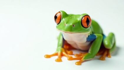 Obraz premium Green tree frog, perched on white, vibrant skin, white background, exotic, animal