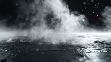 Dense, ethereal fog rising from a dark, textured surface.