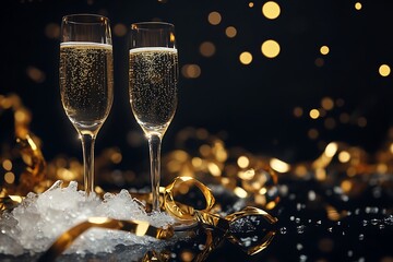 A toast to new beginnings, two champagne flutes filled to the brim, nestled in glistening ice amidst a celebratory golden confetti flurry, sparkling under soft, warm light.