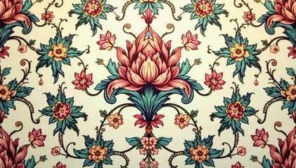 Intricate floral damask pattern in muted tones, cream, ornate