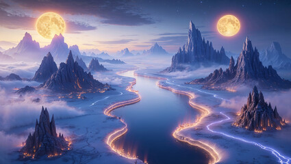 Fantasy landscape with mountains river moonlight and mystical lighting effects creates tranquil atmosphere