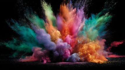 High-resolution dynamic burst of vibrant colored powder colliding on a black background for abstract festival art and color splash imagery