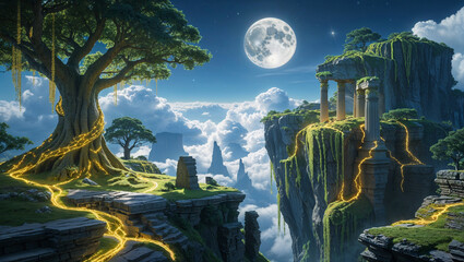 Luminous pathways in a mystical cloudscape with ancient ruins and full moon