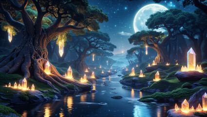 Magical crystal forest landscape with full moon and reflecting river at night
