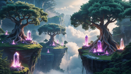 Magical floating islands with trees and crystalline formations fantasy landscape