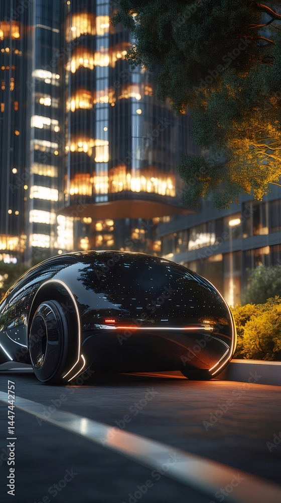 Aufkleber 未来的デザインの黒い電気自動車 夜の都市の道路に停車 未来的な都市景観の背景 照明付き