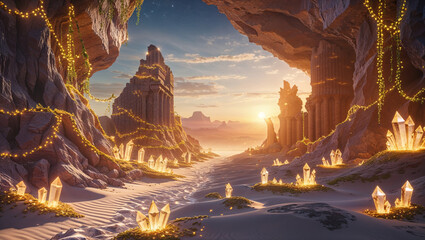 Mystical cave landscape with ancient ruins crystals and magical sunset scenery