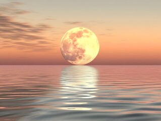 Fototapeta premium Majestic Full Moon Rising Over Calm Ocean Waves at Vibrant Sunset Sky