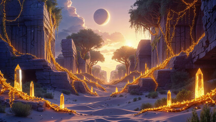 Mystical desert valley with ancient ruins golden crystals and moonlit sky