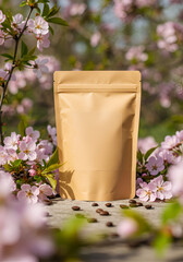 Beige coffee pouch surrounded by cherry blossoms