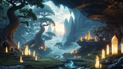 Mystical glowing crystals landscape with ancient trees and foggy mountains