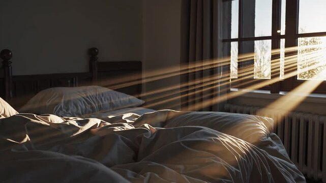 Golden morning sunlight gently streaming through hotel room window, casting warm rays across rumpled bedding, highlighting soft textures and peaceful atmosphere of leisurely morning