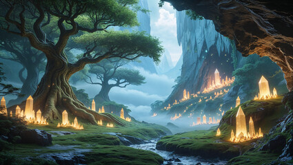 Mystical landscape with giant trees crystalline formations and flowing river