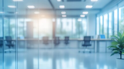 Modern office interior design blurred background abstract workspace blue desk room calm clean light