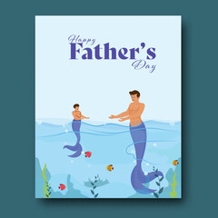 Happy Father's Day Post with Mermaid Father and Son Underwater Illustration.