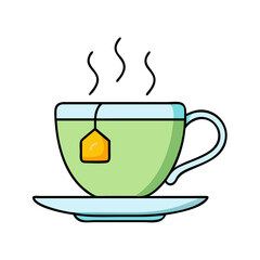Illustration of green tea in a cup with steam, tea bag, and saucer for beverage enjoyment
