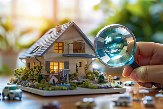A person closely inspects a miniature house model through a magnifying glass, reflecting a careful and detail oriented approach to finding the ideal home.  