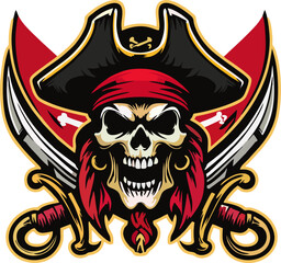 Angry Pirate Skull with Red Bandana and Crossed Sabers – Vector Emblem with Tricorn Hat and Gold Details
