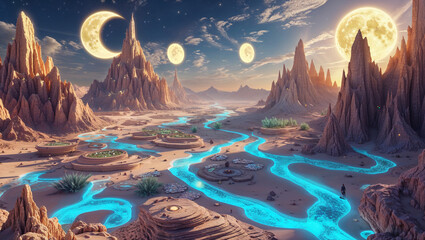Surreal desert landscape with canyons blue rivers and multiple moons for backgrounds