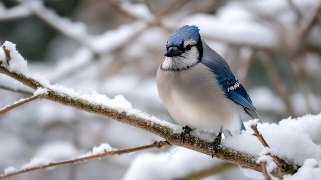 A vibrant blue jay sits gracefully on a snow-covered branch, showcasing its stunning plumage and resilience against the winter landscape in tranquil nature.