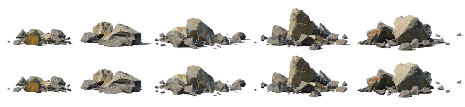 Set of stones isolated png on transparent background premium realistic cutout. With and without a falling shadow