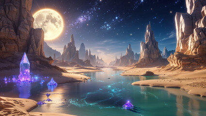 Surreal desert landscape with full moon and glowing crystals along a river