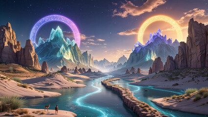 Surreal landscape with glowing rings mountains and desert river vista