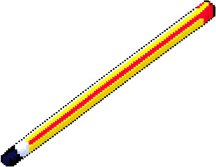 A stylized, pixelated pencil, rendered in yellow, red, and white with a black background element.