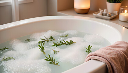 Relaxing home spa experience with aromatic herbs and soothing light, wellness