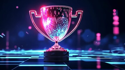 Futuristic neon trophy with dynamic light movements on digital grid background