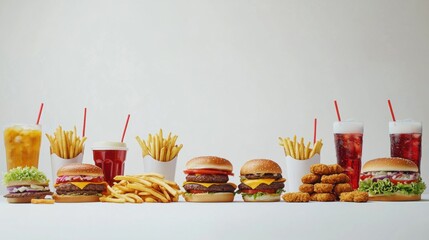Fast food delivery menu background with various burgers, cheeseburger, nuggets, french fries, fizzy soda drinks. Junk unhealthy fast food, Ultra processed food with low nutrition, high calories value