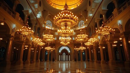 Obraz premium Grand hall, opulent chandeliers, palace interior, marble floor, golden architecture, event backdrop