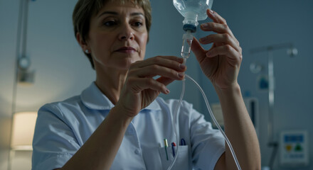 Nurse in white uniform adjusting intravenous drip in dimly lit hospital room. Medical care procedure essential for healthcare service advertising and patient treatment visualization