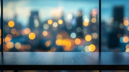 Dark wooden tabletop with blurred city night lights background view urban bokeh scene space image
